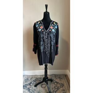 ST. LAREINA Women's Cut Black Embroidered Floral V Neck Cotton Tunic Size XXL